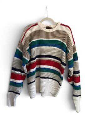 Vintage Boston Traders Striped Sweater Crewneck Chunky Knit 90s Preppy Costal L